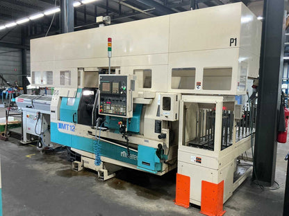 2001 Muratec MT12 Dubbelkops CNC draaibank met Samsys multi 5-65 aanvoer